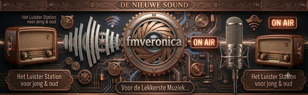 FM Veronica banner met klassieke radio's, microfoon en koperdesign